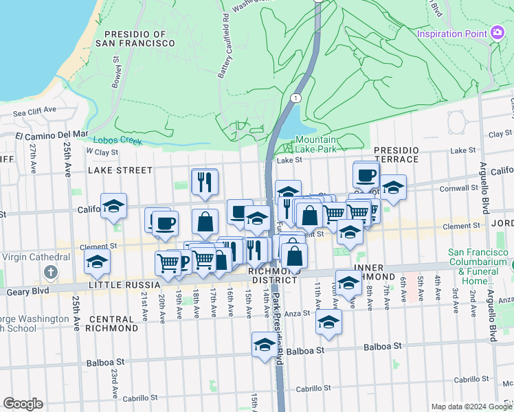 map of restaurants, bars, coffee shops, grocery stores, and more near 249 14th Avenue in San Francisco