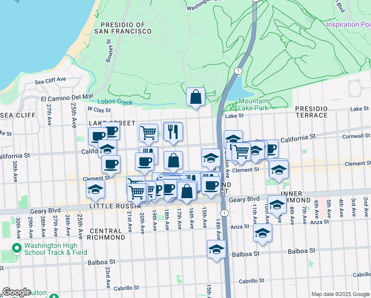 map of restaurants, bars, coffee shops, grocery stores, and more near 240 16th Avenue in San Francisco