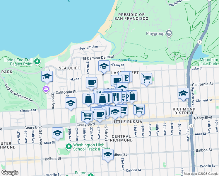map of restaurants, bars, coffee shops, grocery stores, and more near 317 24th Avenue in San Francisco