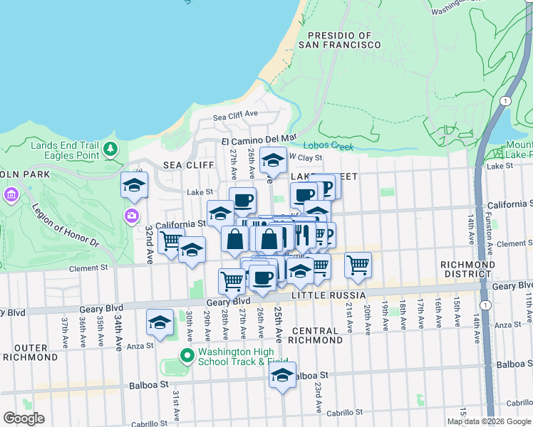 map of restaurants, bars, coffee shops, grocery stores, and more near 6331 California Street in San Francisco