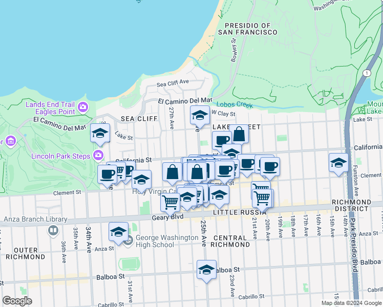 map of restaurants, bars, coffee shops, grocery stores, and more near 6331 California Street in San Francisco
