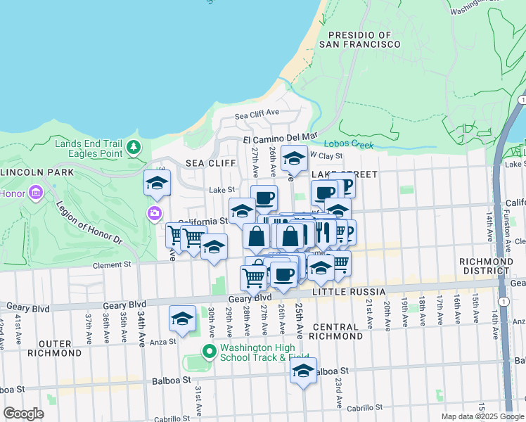 map of restaurants, bars, coffee shops, grocery stores, and more near 302 27th Avenue in San Francisco