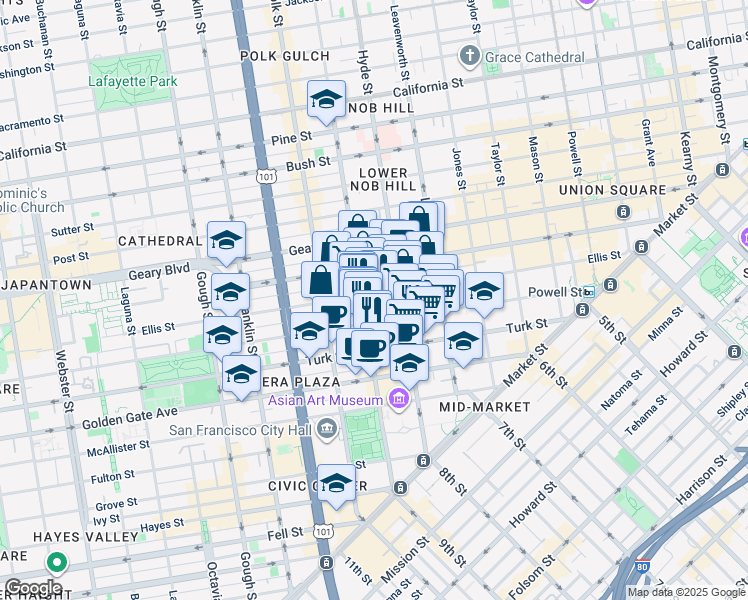 map of restaurants, bars, coffee shops, grocery stores, and more near 541 Eddy Street in San Francisco