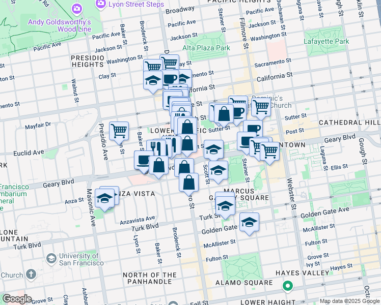 map of restaurants, bars, coffee shops, grocery stores, and more near 2186 Geary Boulevard in San Francisco