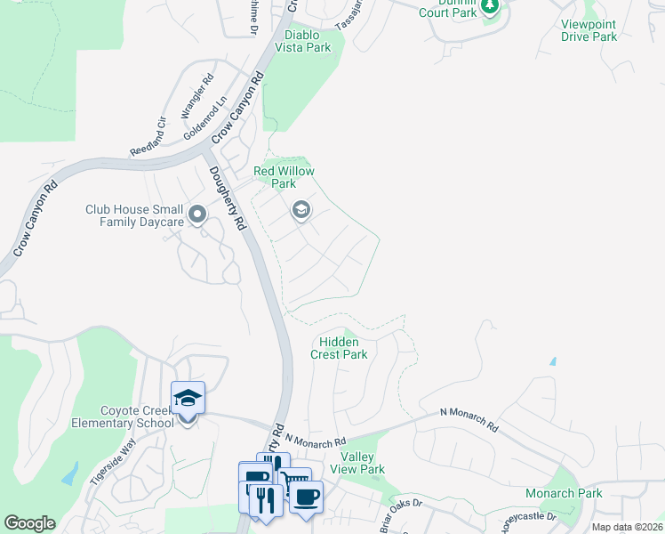 map of restaurants, bars, coffee shops, grocery stores, and more near 600 Rock Rose Lane in San Ramon