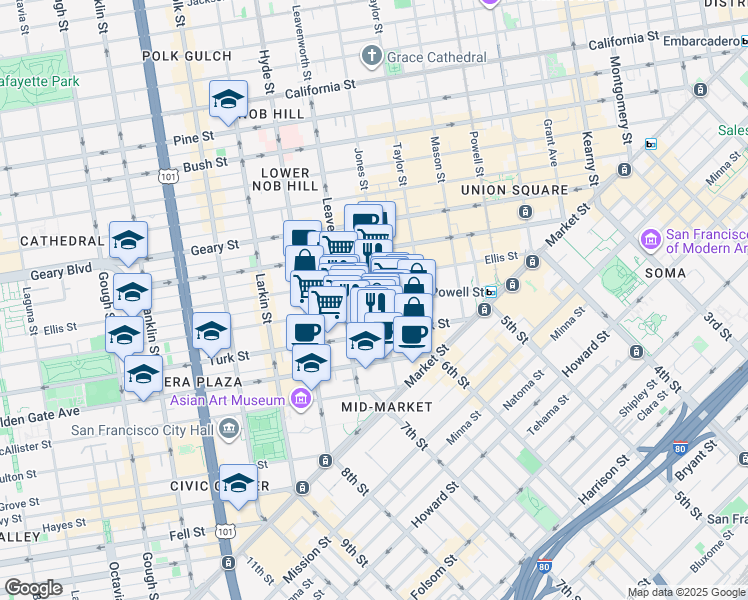 map of restaurants, bars, coffee shops, grocery stores, and more near 355 Eddy Street in San Francisco