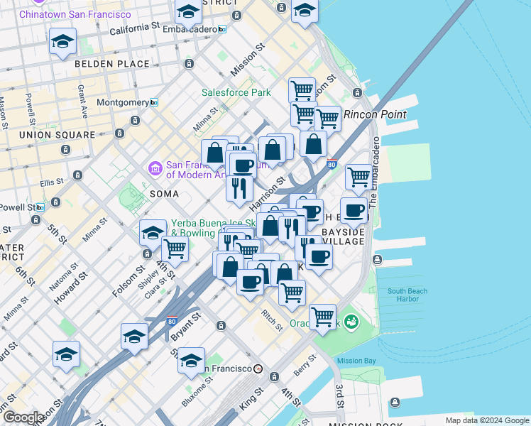 map of restaurants, bars, coffee shops, grocery stores, and more near 455 2nd Street in San Francisco