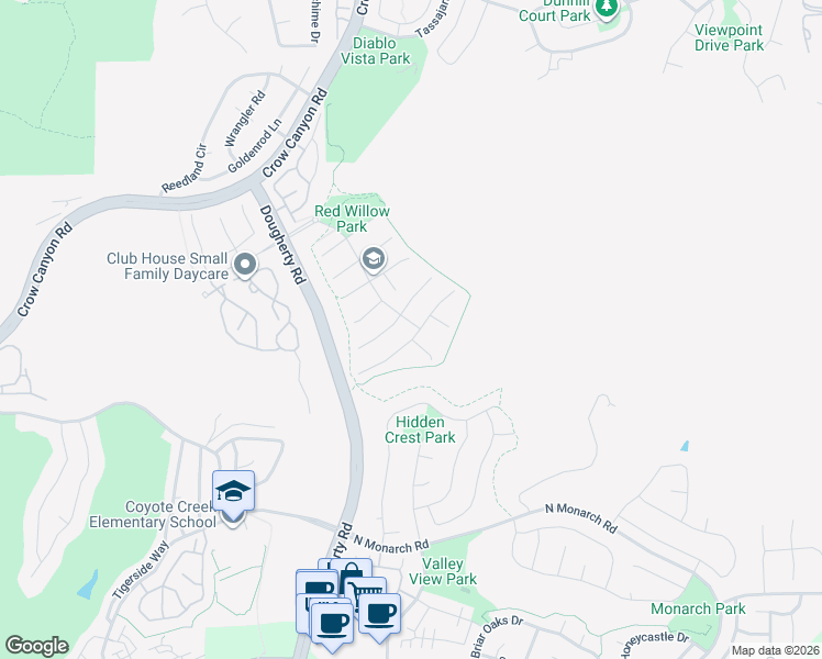 map of restaurants, bars, coffee shops, grocery stores, and more near 600 Rock Rose Lane in San Ramon