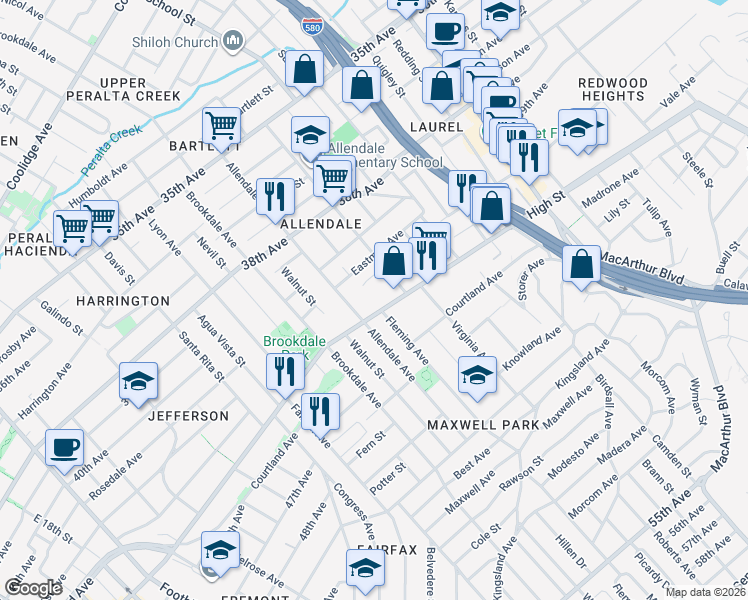 map of restaurants, bars, coffee shops, grocery stores, and more near 2833 High Street in Oakland