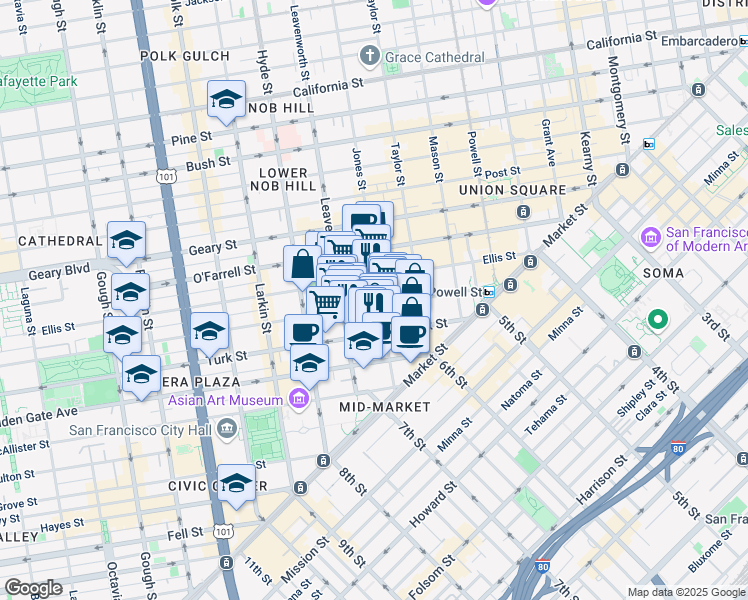 map of restaurants, bars, coffee shops, grocery stores, and more near 355 Eddy Street in San Francisco