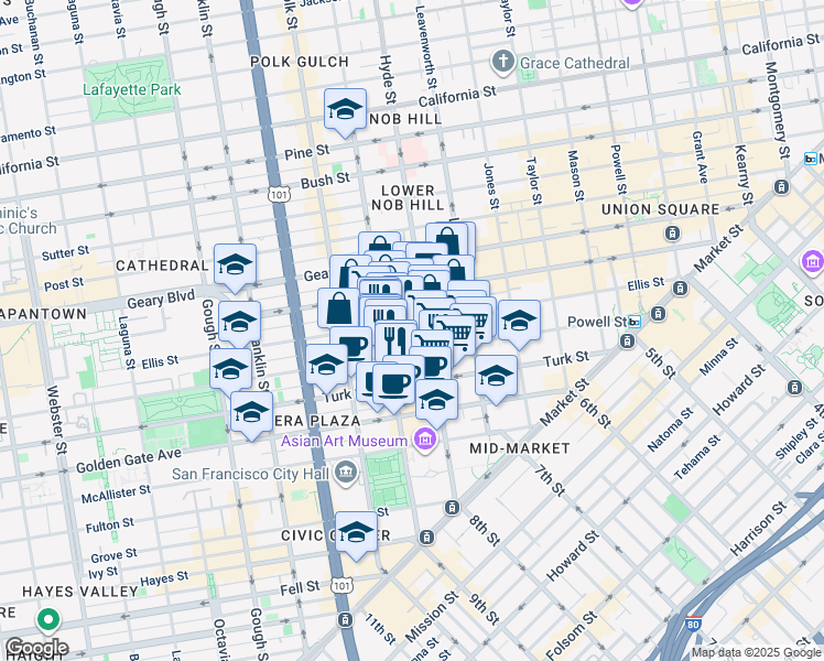 map of restaurants, bars, coffee shops, grocery stores, and more near 635 Ellis Street in San Francisco