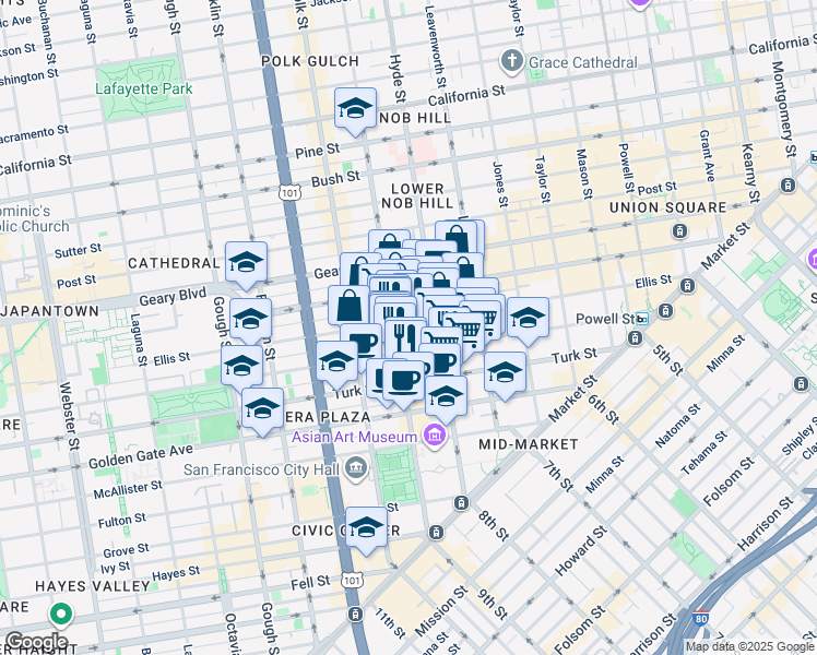 map of restaurants, bars, coffee shops, grocery stores, and more near 669 Ellis Street in San Francisco