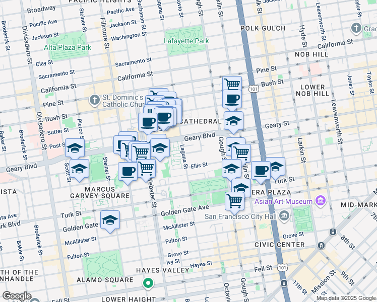 map of restaurants, bars, coffee shops, grocery stores, and more near 66 Cleary Court in San Francisco