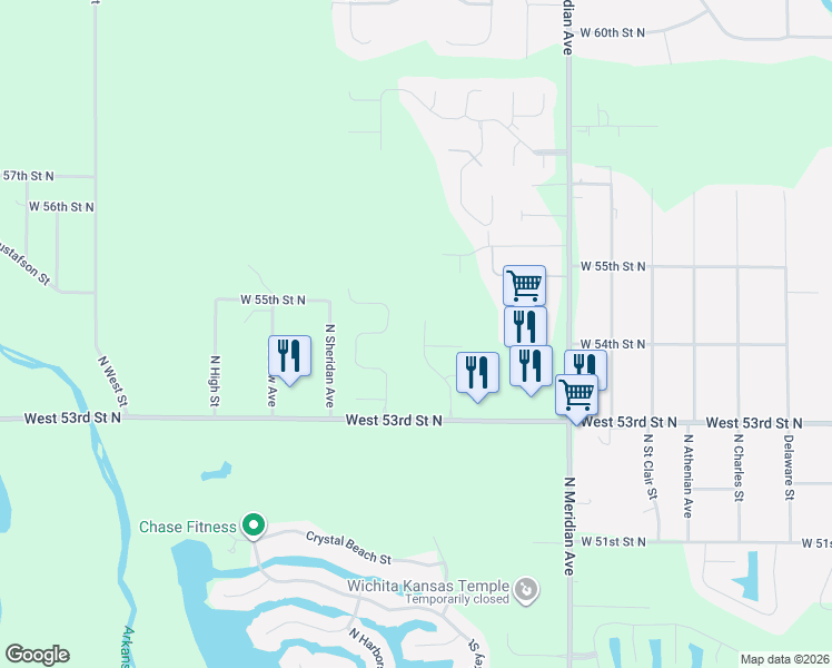 map of restaurants, bars, coffee shops, grocery stores, and more near 2894-3198 West 53rd Street North in Wichita