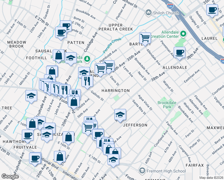 map of restaurants, bars, coffee shops, grocery stores, and more near 2135 Harrington Avenue in Oakland