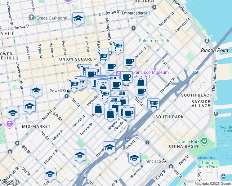 map of restaurants, bars, coffee shops, grocery stores, and more near 747 Howard Street in San Francisco