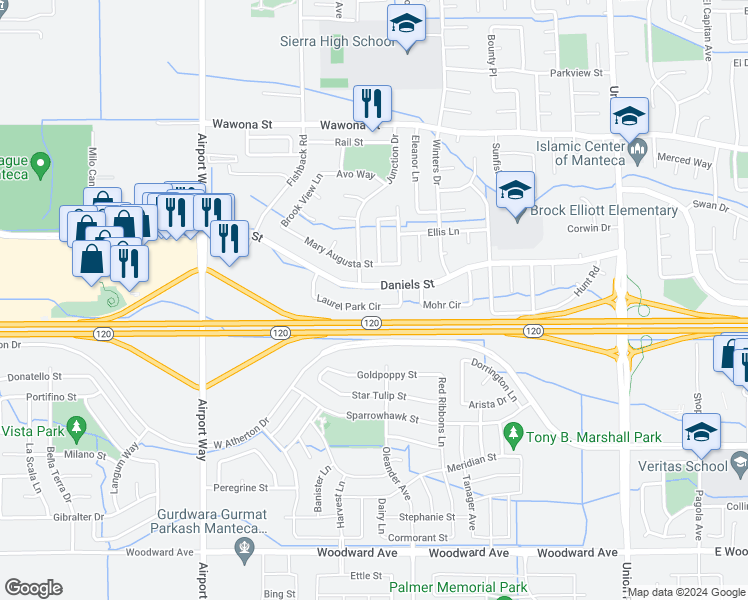 map of restaurants, bars, coffee shops, grocery stores, and more near 1233 Laurel Park Circle in Manteca