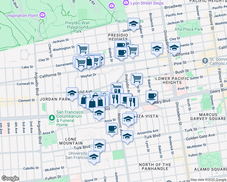 map of restaurants, bars, coffee shops, grocery stores, and more near 3 Masonic Avenue in San Francisco