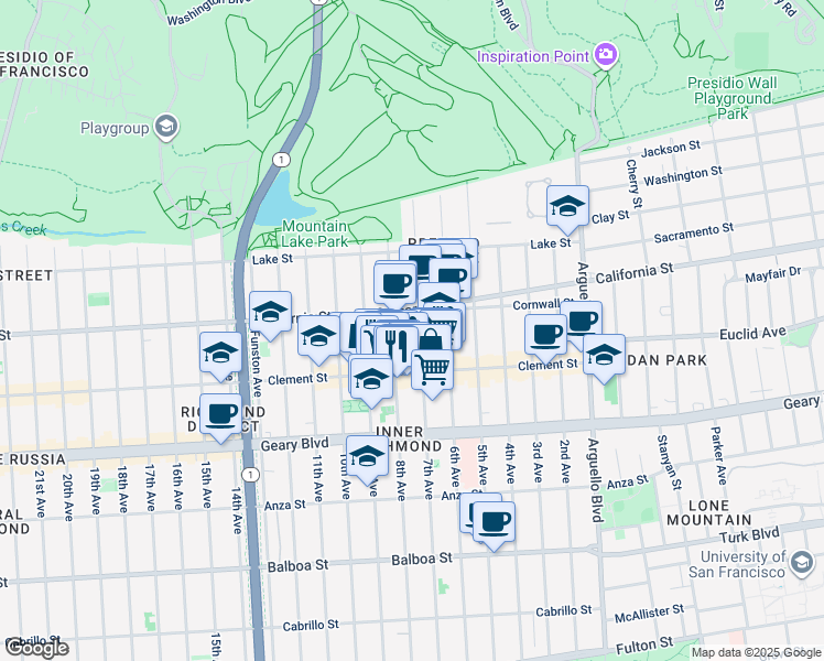 map of restaurants, bars, coffee shops, grocery stores, and more near 267 7th Avenue in San Francisco