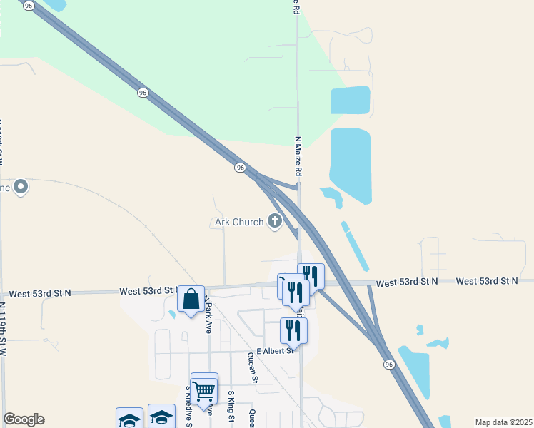 map of restaurants, bars, coffee shops, grocery stores, and more near 5501 North Maize Road in Maize