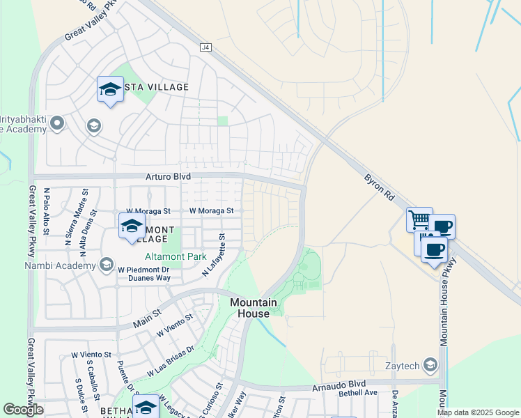 map of restaurants, bars, coffee shops, grocery stores, and more near 153 Santa Cruz Way in Mountain House