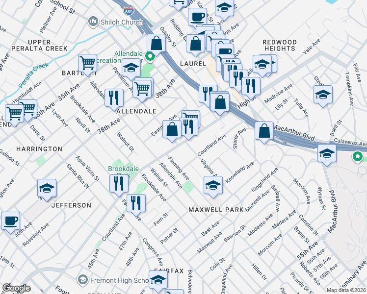 map of restaurants, bars, coffee shops, grocery stores, and more near in Oakland