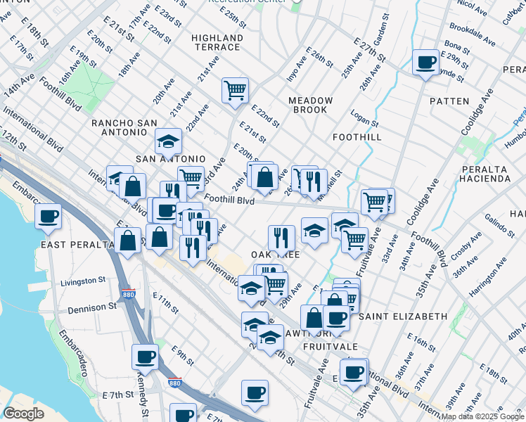 map of restaurants, bars, coffee shops, grocery stores, and more near 2554 East 16th Street in Oakland