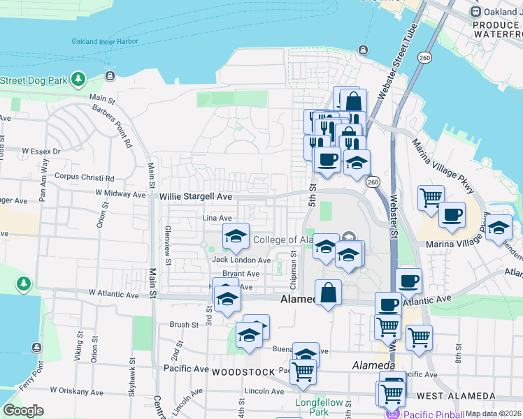 map of restaurants, bars, coffee shops, grocery stores, and more near 2 Jouett Square in Alameda