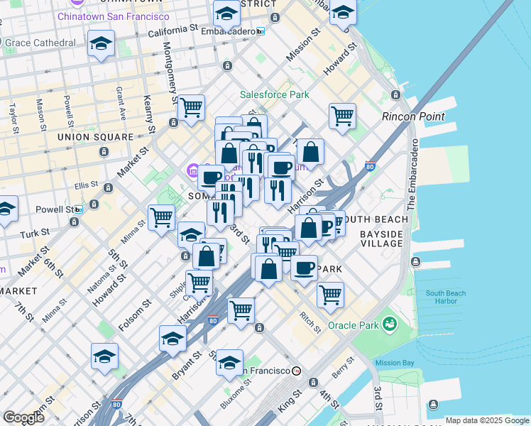 map of restaurants, bars, coffee shops, grocery stores, and more near 170 Hawthorne Street in San Francisco