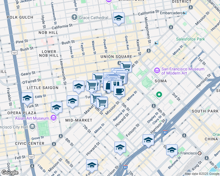 map of restaurants, bars, coffee shops, grocery stores, and more near in San Francisco