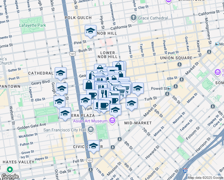 map of restaurants, bars, coffee shops, grocery stores, and more near in San Francisco