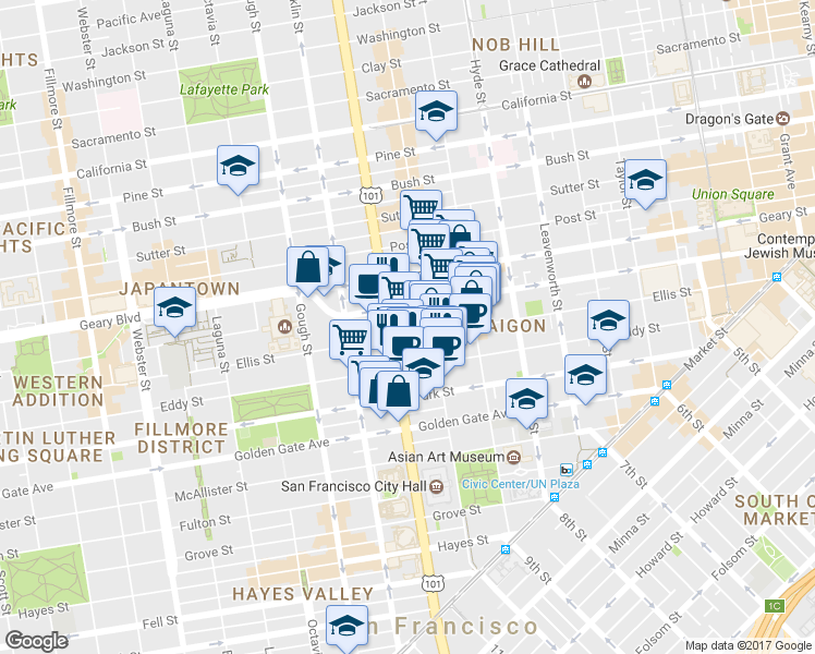 map of restaurants, bars, coffee shops, grocery stores, and more near in San Francisco