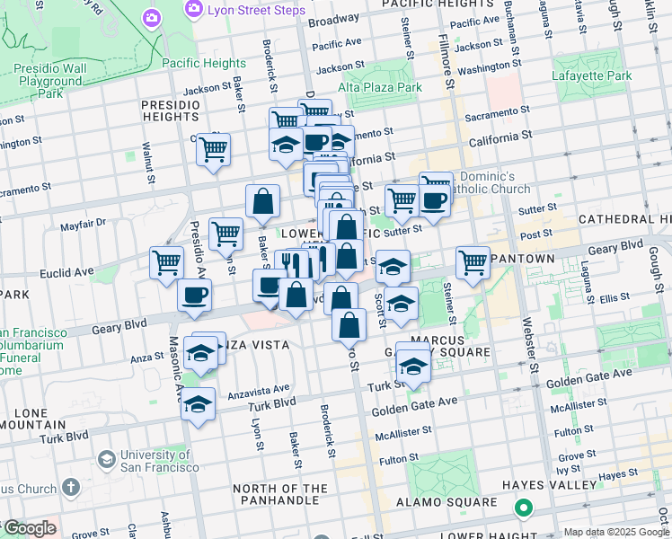 map of restaurants, bars, coffee shops, grocery stores, and more near 2238 Geary Boulevard in San Francisco