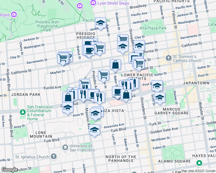 map of restaurants, bars, coffee shops, grocery stores, and more near 2605 Post Street in San Francisco