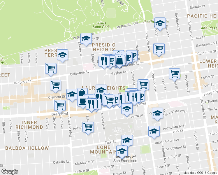 map of restaurants, bars, coffee shops, grocery stores, and more near 13b Cook Street in San Francisco