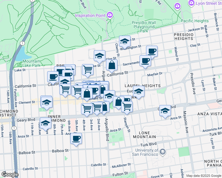 map of restaurants, bars, coffee shops, grocery stores, and more near 412 Arguello Boulevard in San Francisco