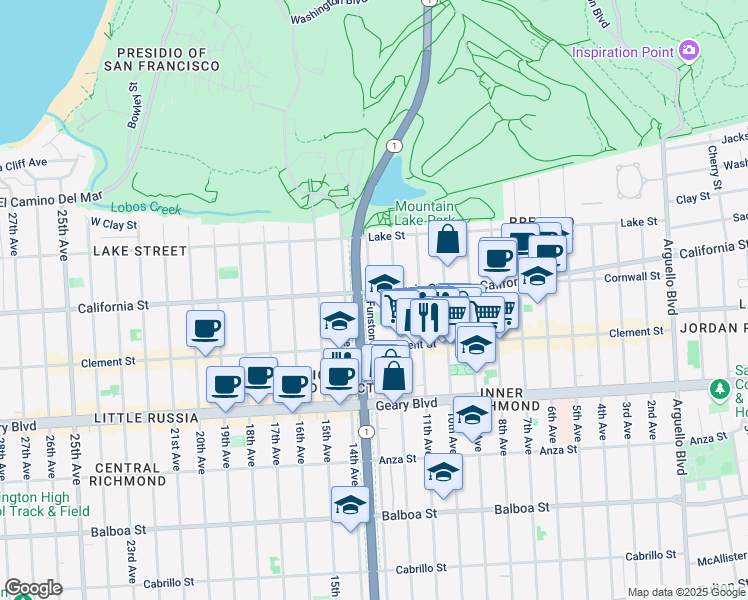 map of restaurants, bars, coffee shops, grocery stores, and more near 262 Funston Avenue in San Francisco