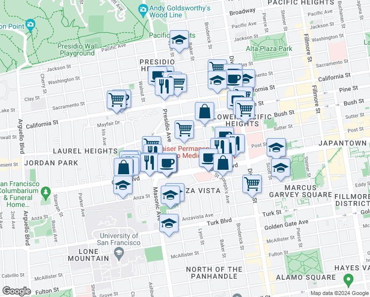map of restaurants, bars, coffee shops, grocery stores, and more near 1445 Lyon Street in San Francisco