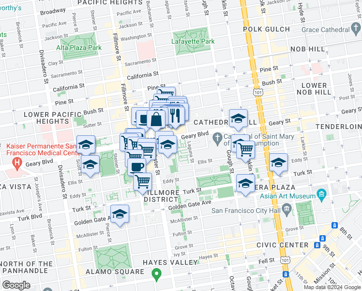 map of restaurants, bars, coffee shops, grocery stores, and more near 45 Galilee Lane in San Francisco