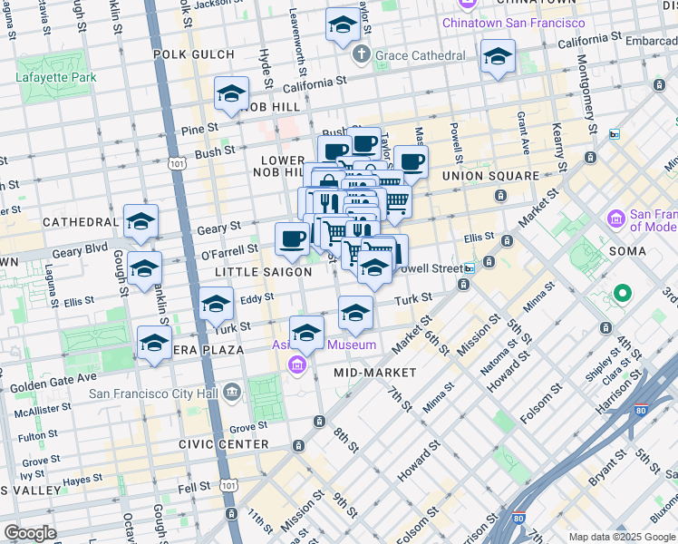 map of restaurants, bars, coffee shops, grocery stores, and more near 440 Ellis Street in San Francisco