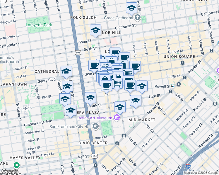 map of restaurants, bars, coffee shops, grocery stores, and more near 455 Hyde Street in San Francisco
