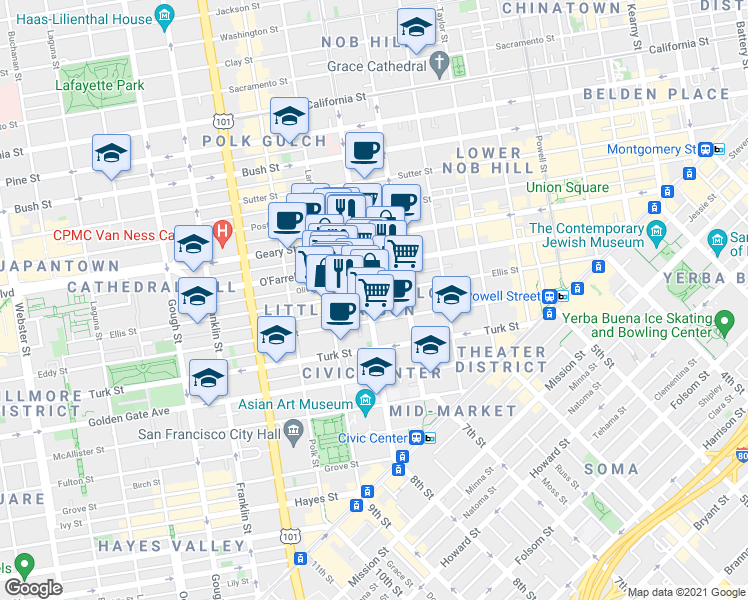 map of restaurants, bars, coffee shops, grocery stores, and more near 455 Hyde Street in San Francisco