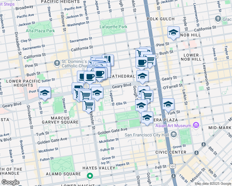 map of restaurants, bars, coffee shops, grocery stores, and more near 1450 Laguna Street in San Francisco