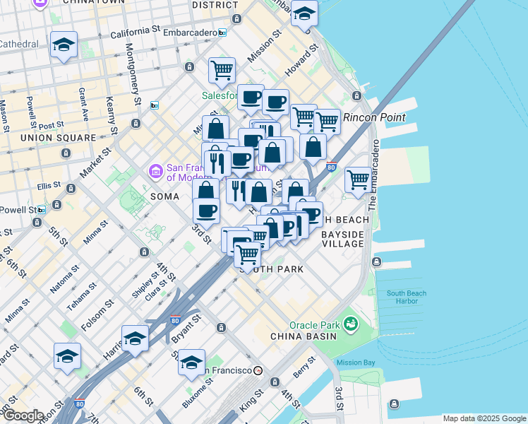 map of restaurants, bars, coffee shops, grocery stores, and more near 74 Rincon Street in San Francisco