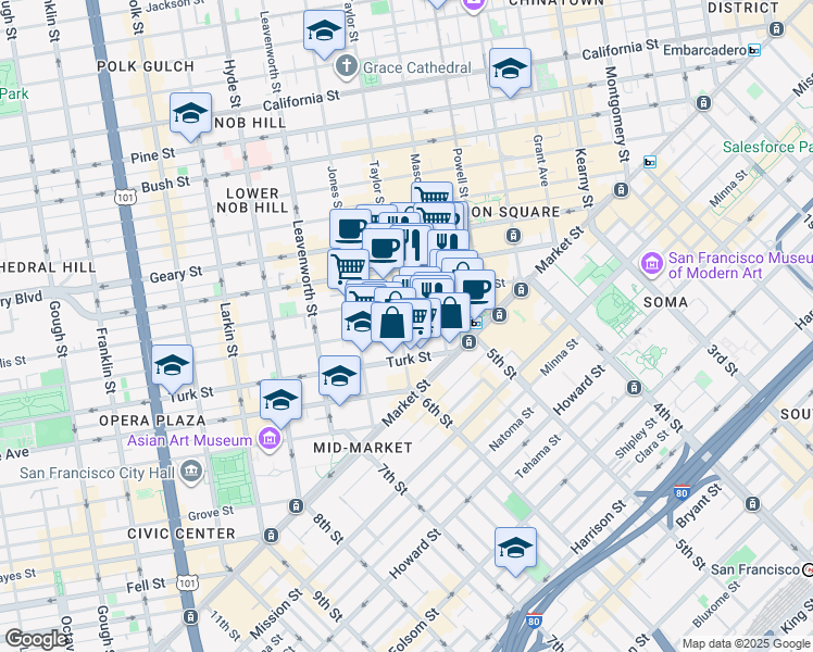 map of restaurants, bars, coffee shops, grocery stores, and more near 233 Ellis Street in San Francisco