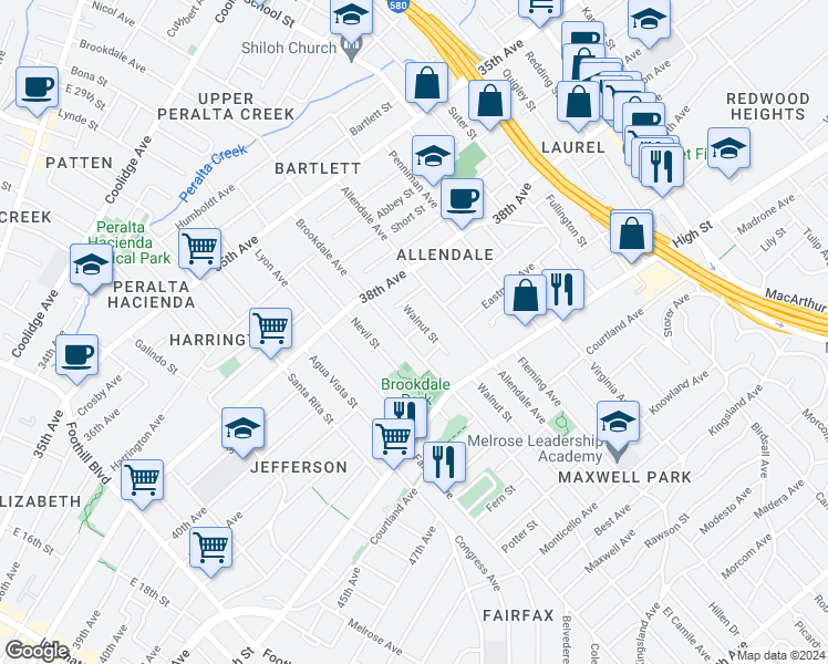 map of restaurants, bars, coffee shops, grocery stores, and more near 3929 Allendale Avenue in Oakland