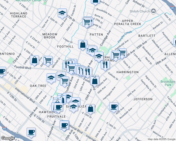 map of restaurants, bars, coffee shops, grocery stores, and more near 2317 Coolidge Avenue in Oakland