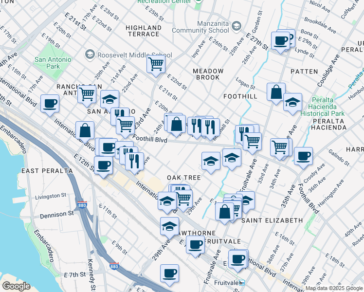 map of restaurants, bars, coffee shops, grocery stores, and more near in Oakland