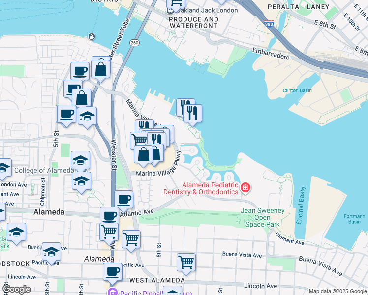 map of restaurants, bars, coffee shops, grocery stores, and more near 1000 Marina Village Parkway in Alameda