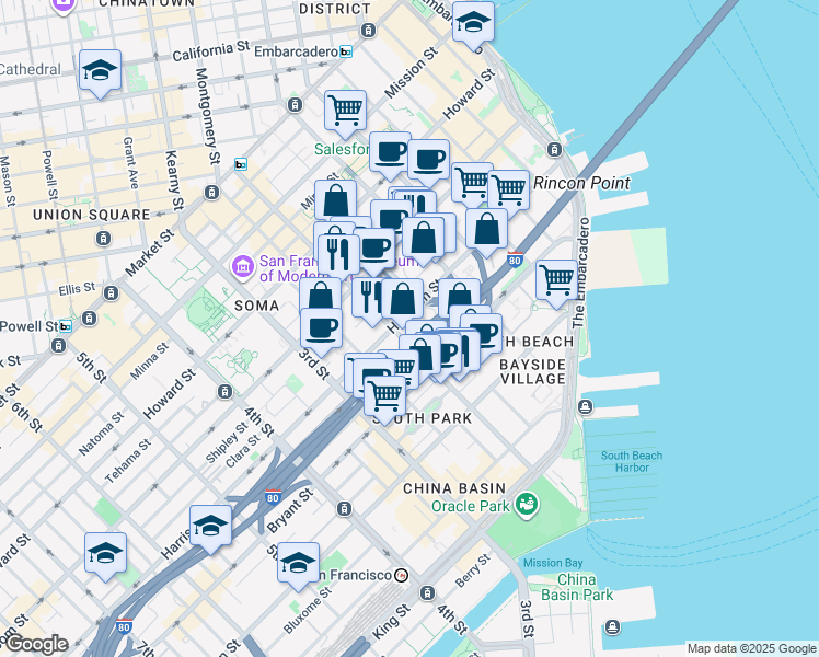 map of restaurants, bars, coffee shops, grocery stores, and more near 74 Rincon Street in San Francisco
